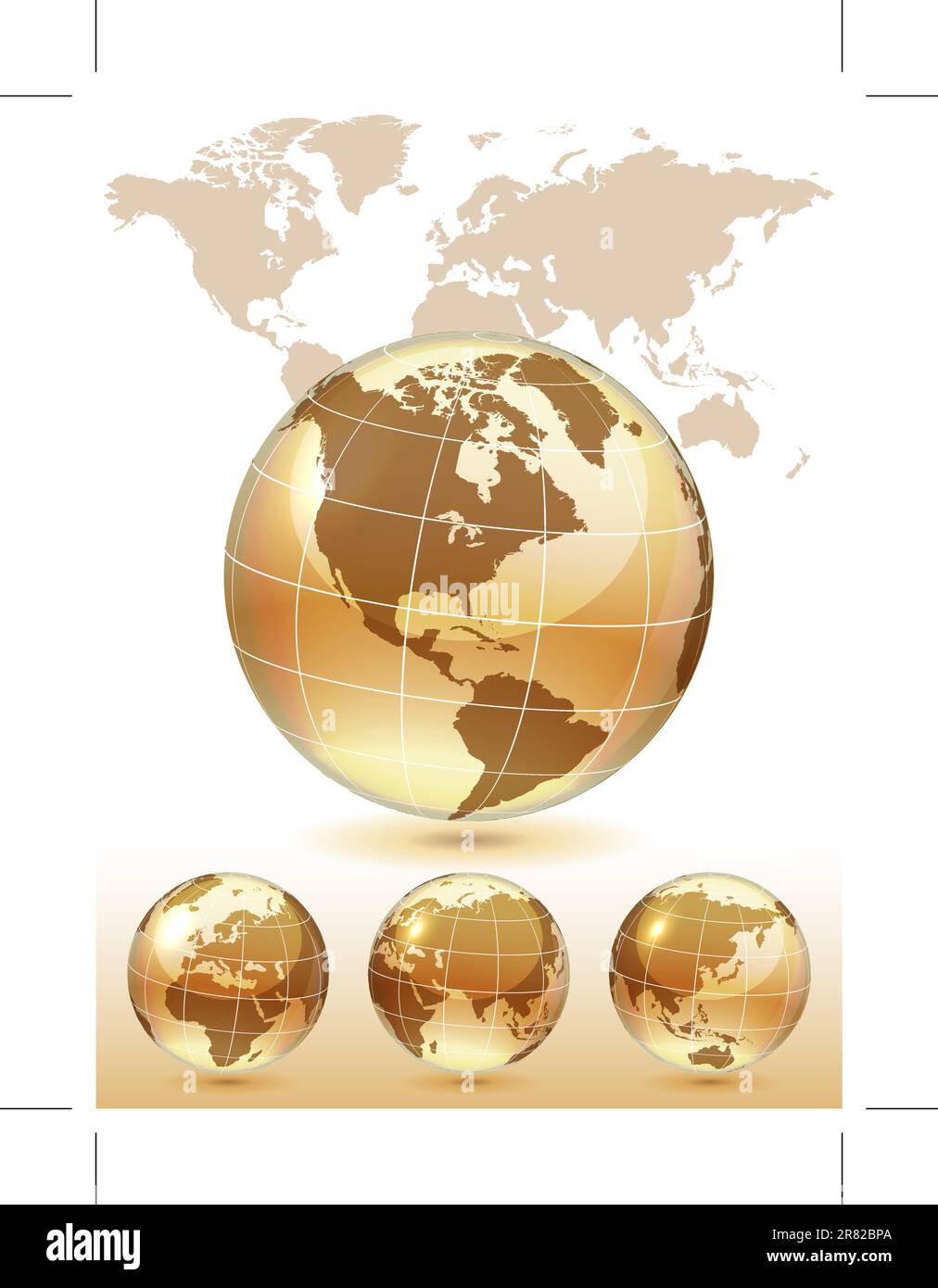Different views of golden glass globe, map included, vector illustration, eps 10, 3 layers Stock Vector