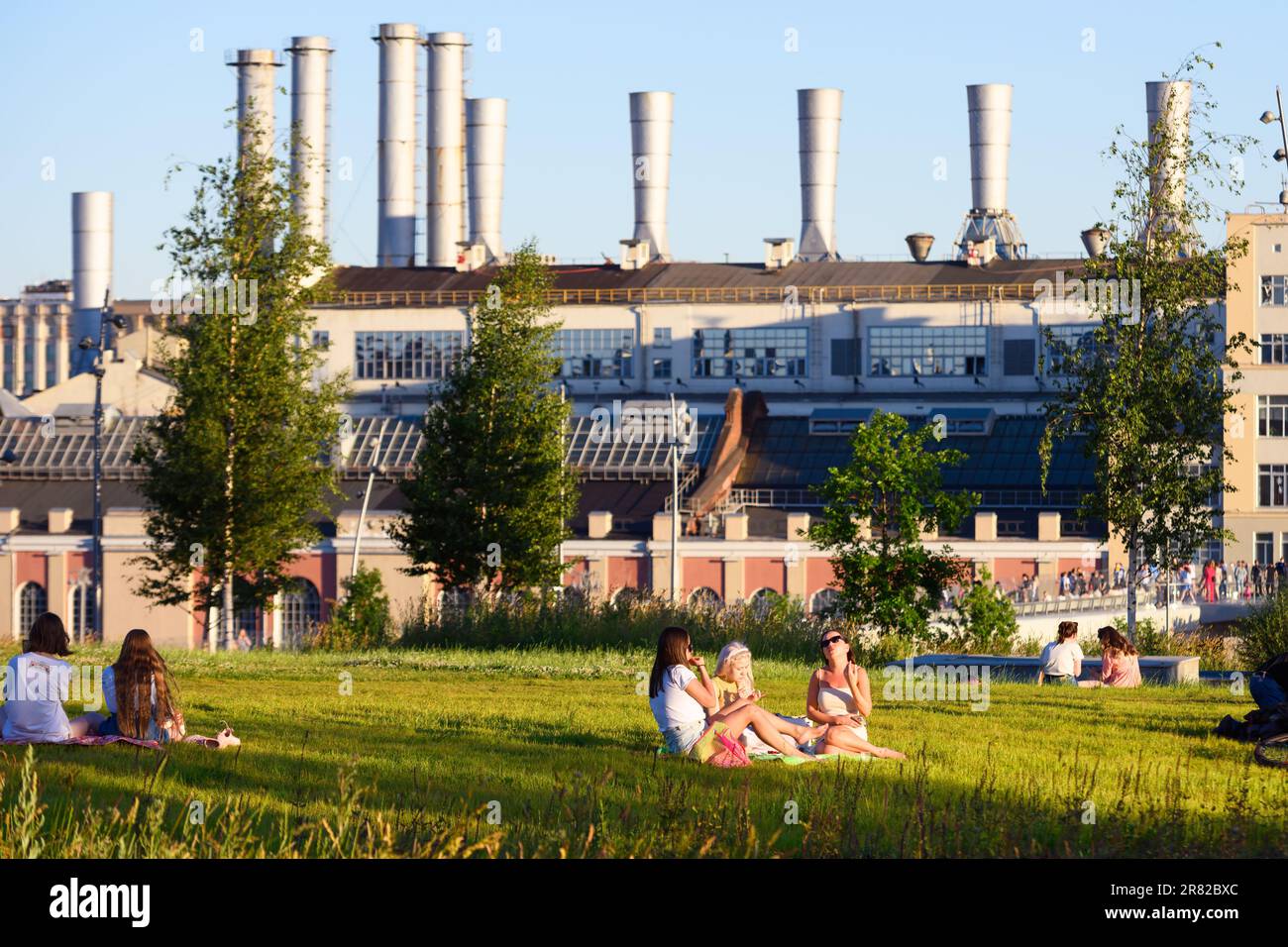 Moscow - Jun 28, 2022: People relax in Zaryadye Park in summer, Moscow, Russia. This place is tourist attraction of Moscow. Travel, tourism and vacati Stock Photo