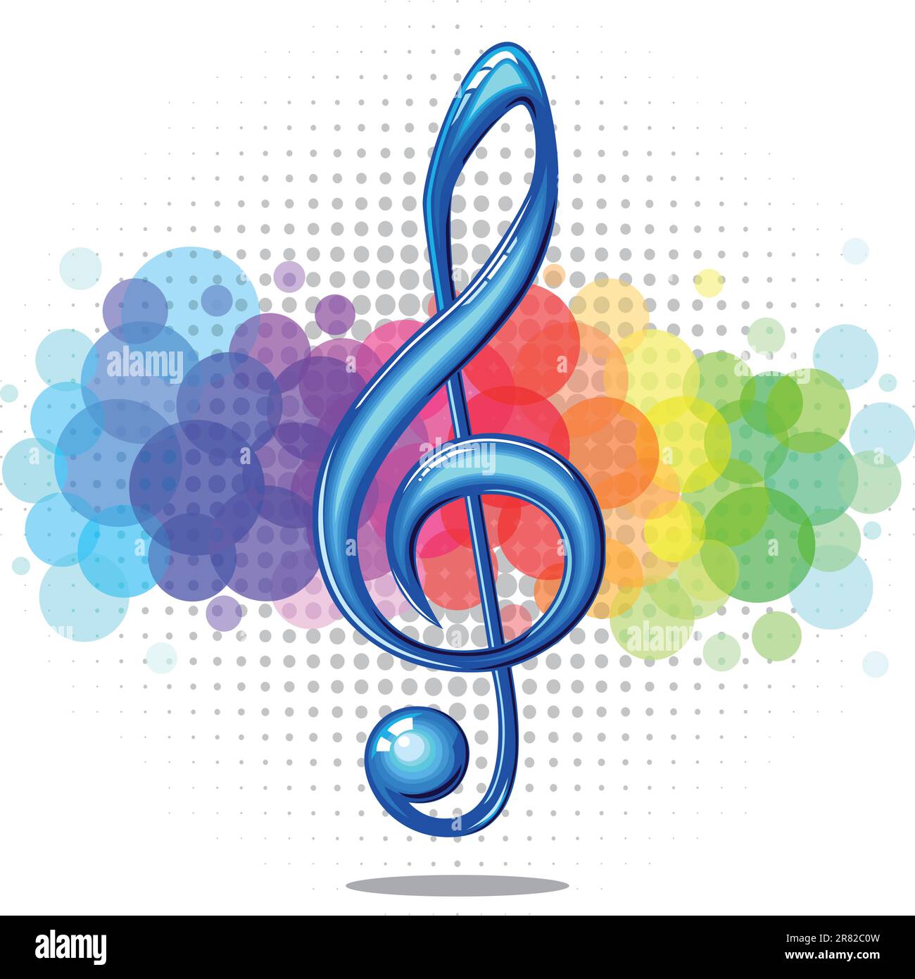 Blue glossy violin music key on a rainbow background, vector