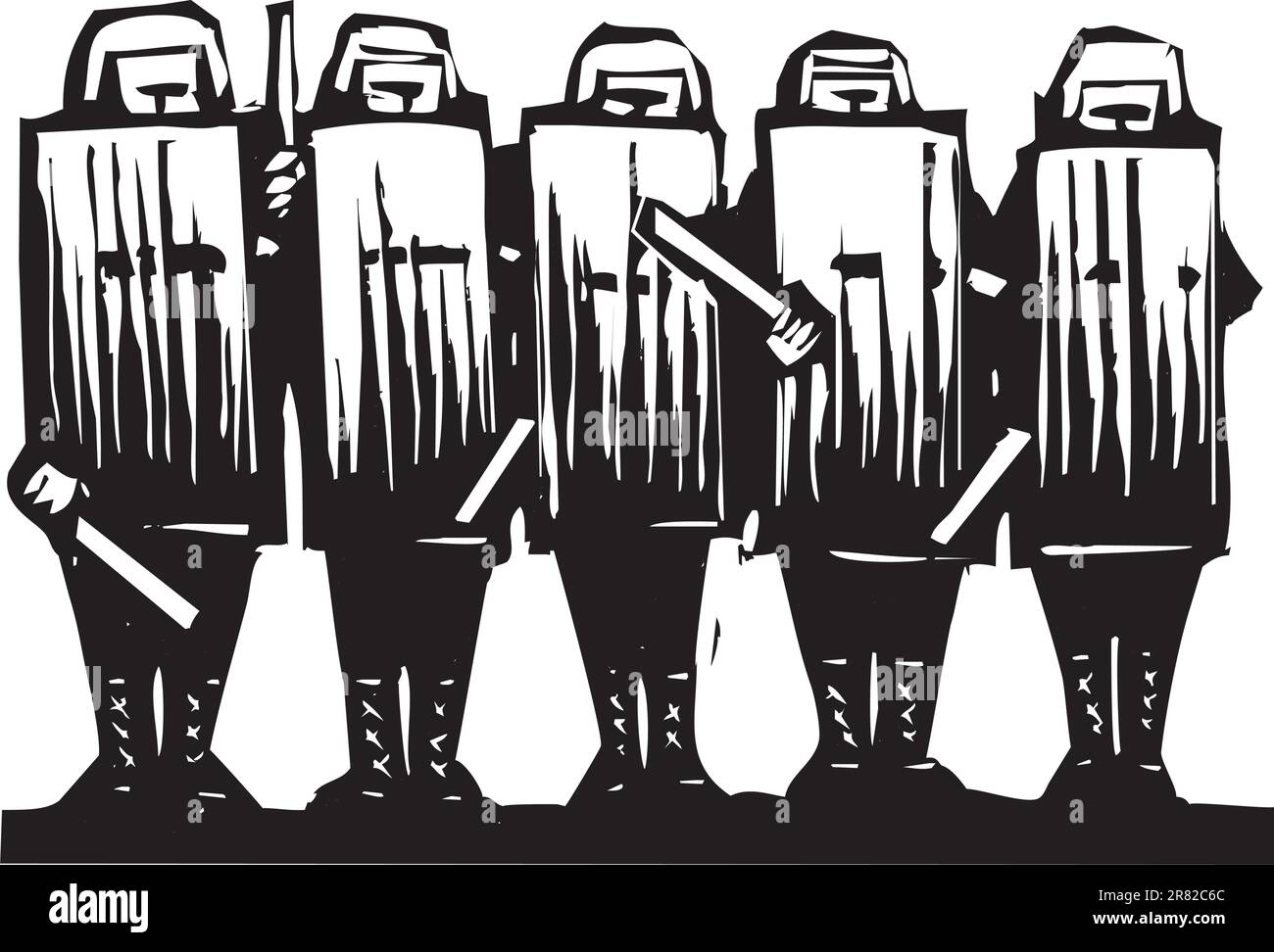 Line of riot police with batons and shields. Stock Vector