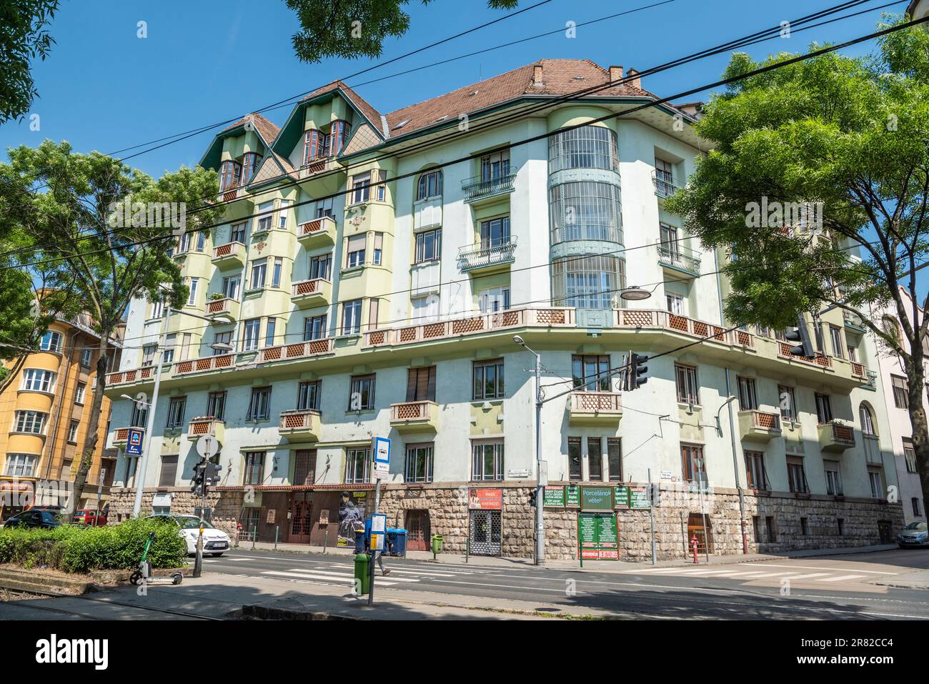 Budapest, Hungary – May 21, 2023. Trombitas-haz building in Budapest, Hungary. Located at 17-21 Szilagyi Erzsebet fasor, the art nouveau building was Stock Photo