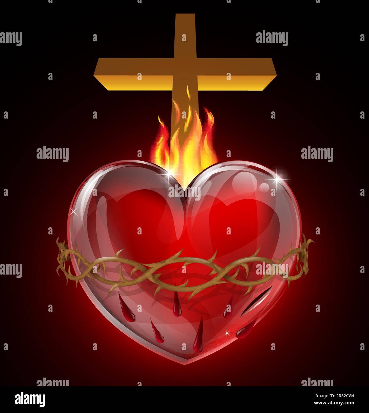 Illustration of the Most Sacred Heart of Jesus. A bleeding heart with flames, pierced by a lance wound with crown of thorns and cross. Stock Vector