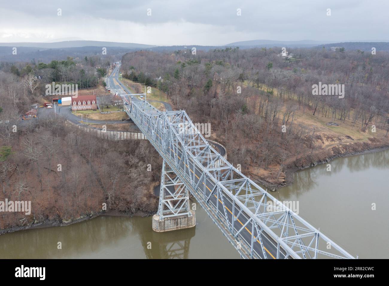 Aerial view of the Rip Van Winkle Bridge spanning the Hudson River