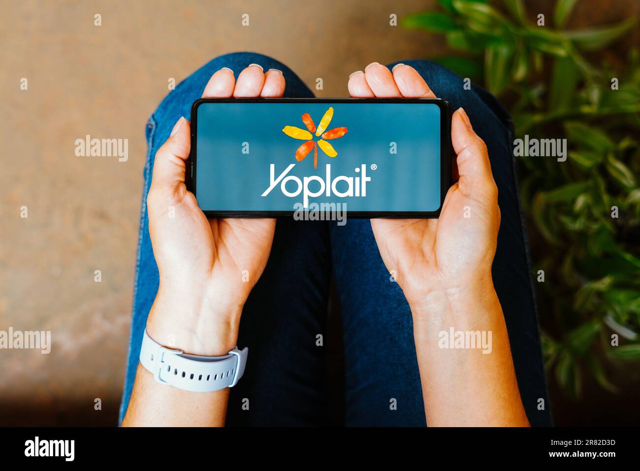 In this photo illustration, the Yoplait logo is displayed on a smartphone screen. Stock Photo