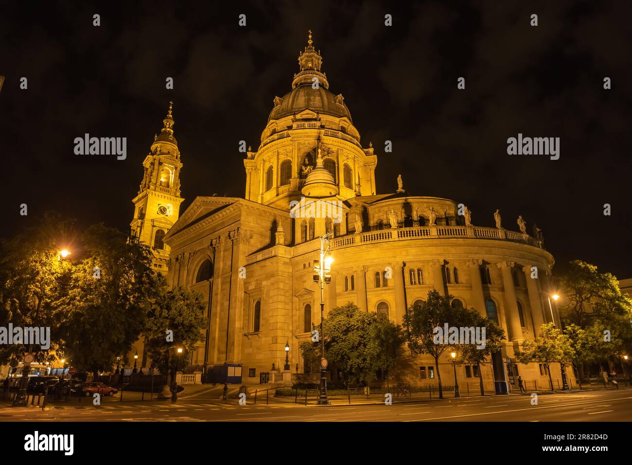 Budapest, Hungary – May 21, 2023. Basilica of St Stephen in Budapest, Hungary. View at night. Stock Photo