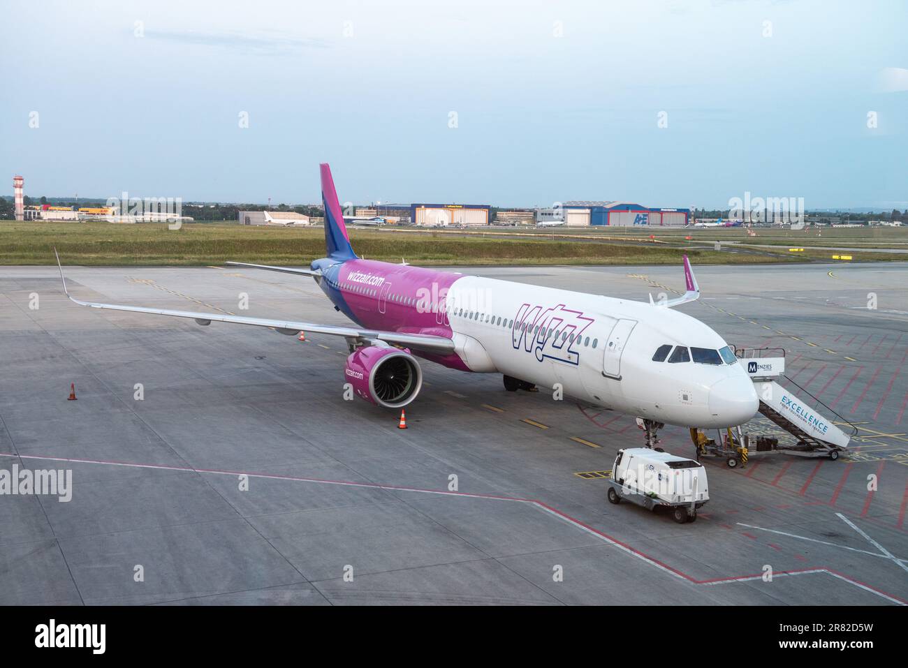 Budapest, Hungary – May 22, 2023. A321 Airbus airplane, operated by Wizz Air, at the Budapest airport. Stock Photo
