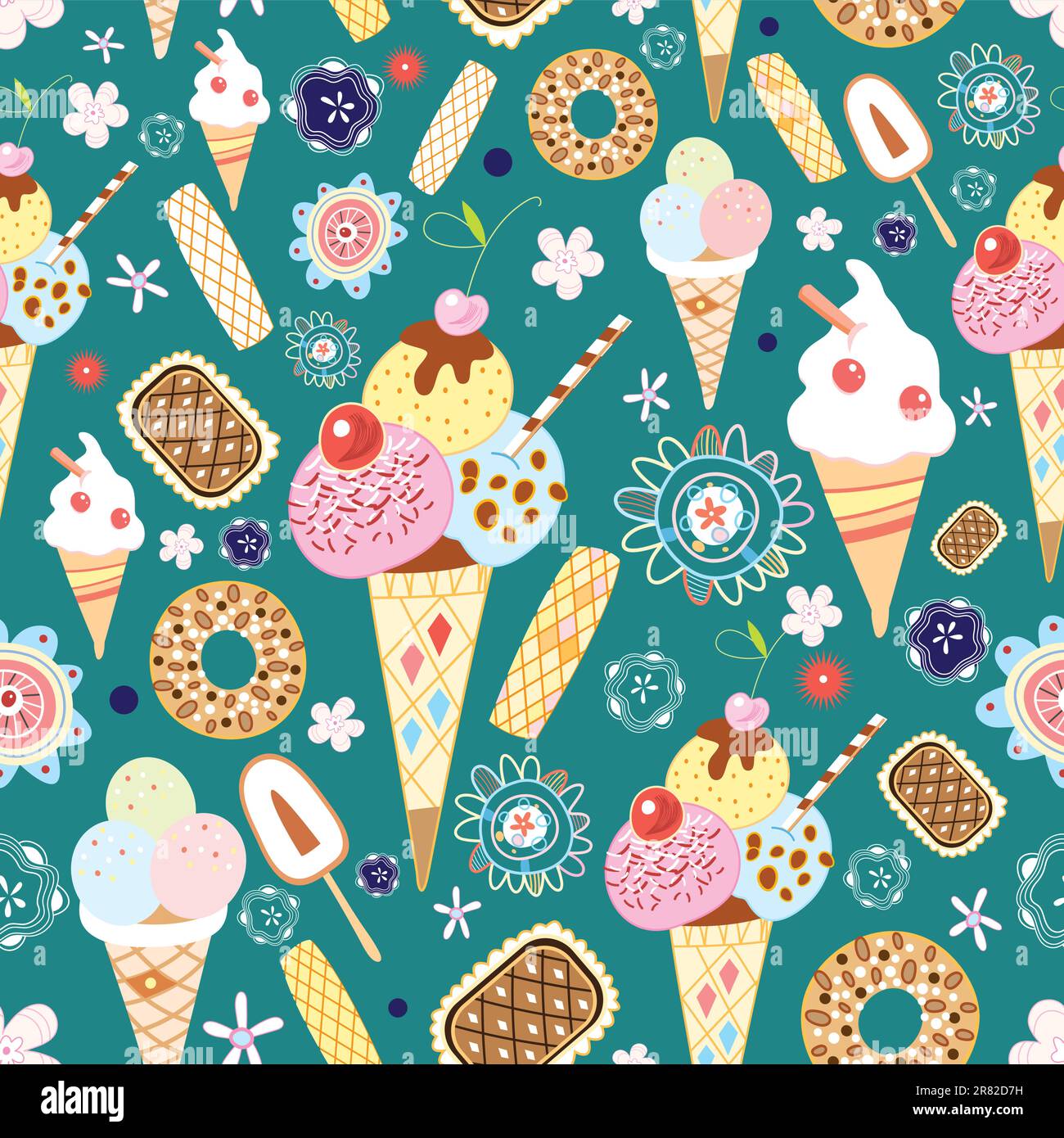 card with multi-colored ice cream on a decorative background Stock Vector