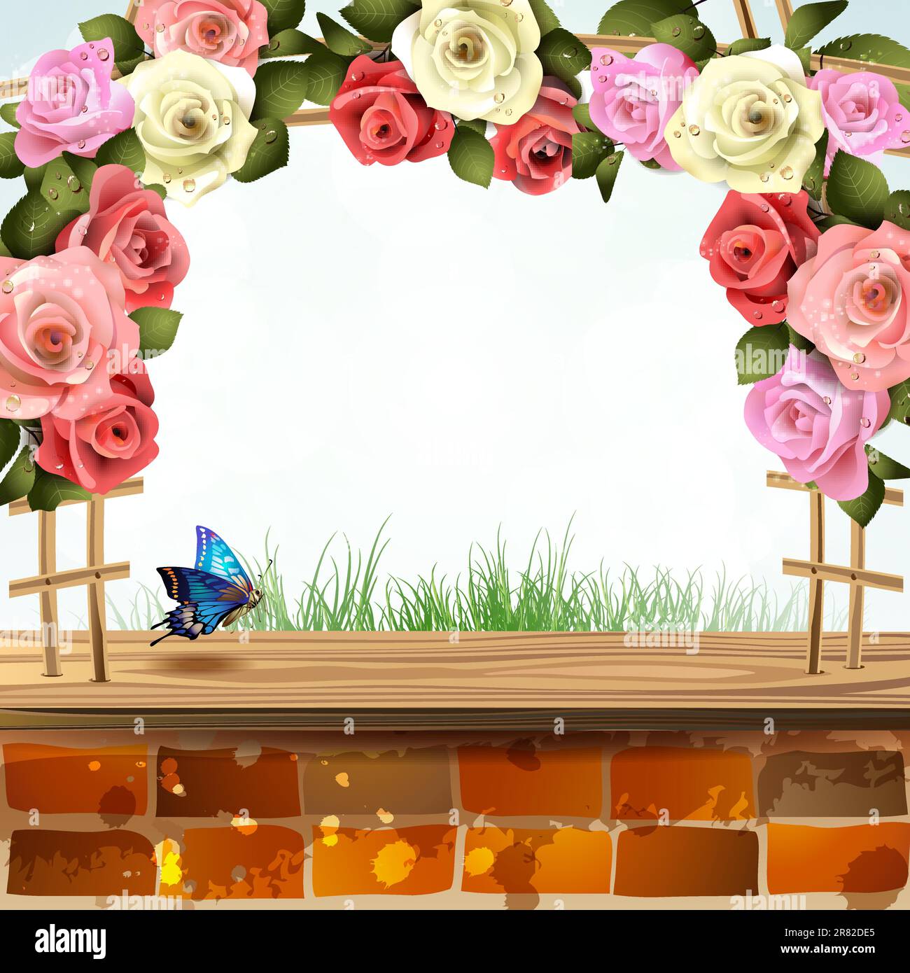 Brick wall with frame of roses Stock Vector