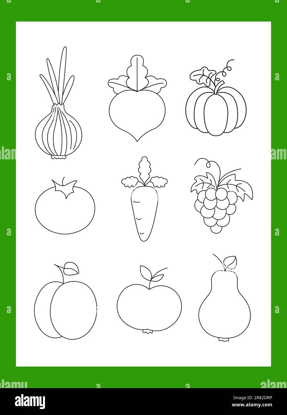 Set of flat fruits and vegetables icons drawing with black lines on ...