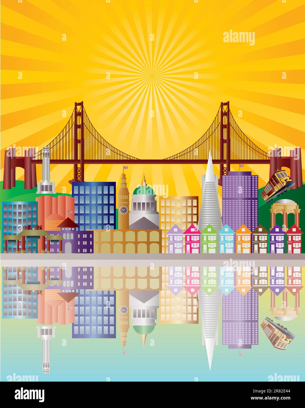 San Francisco California City Skyline with Golden Gate Bridge with Sunrise Background Illustration Stock Vector