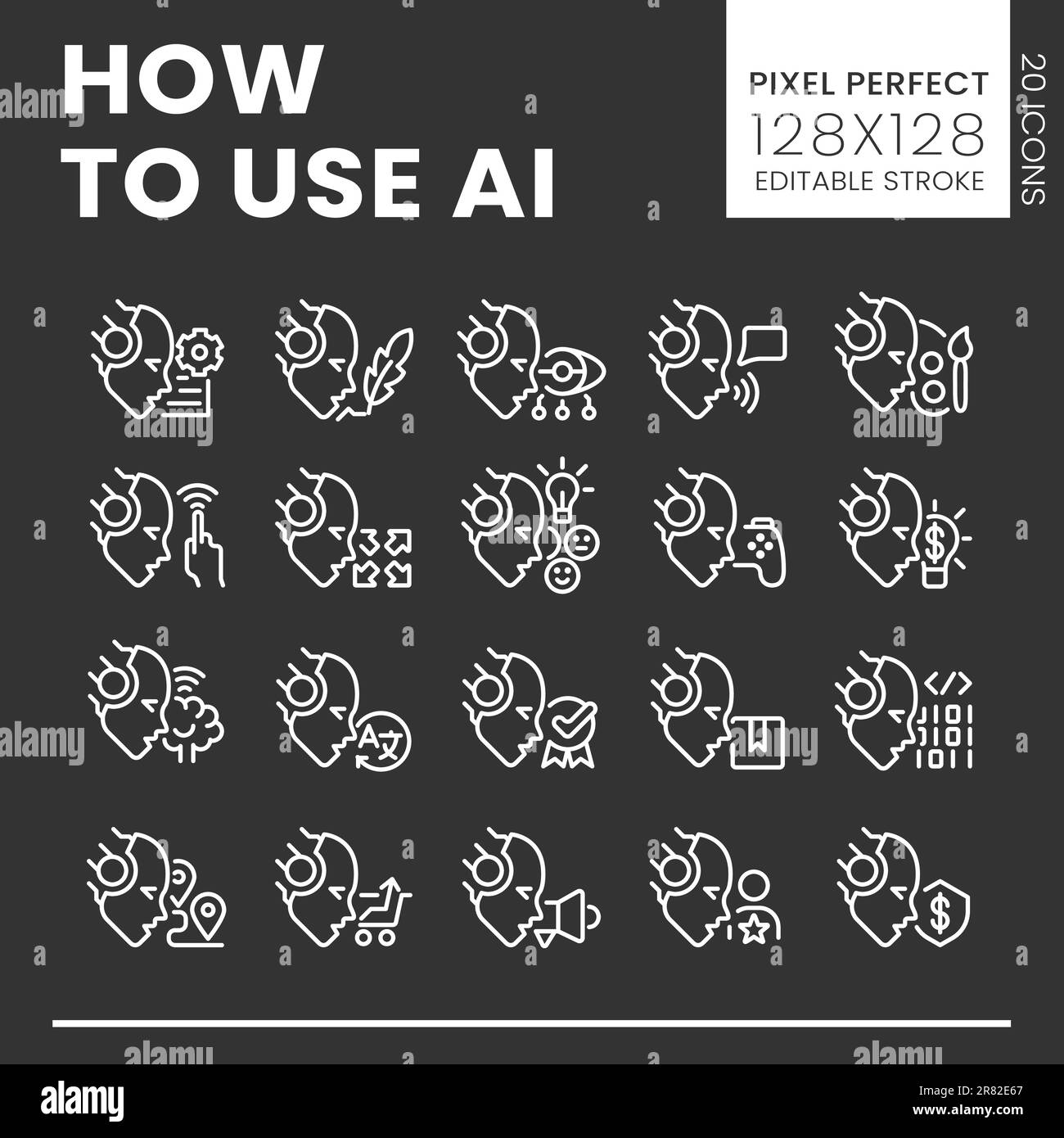 How to use AI big pixel perfect white linear icons set for dark theme ...