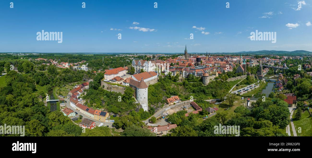 Aerial view of defensive towers and medieval fortification in historic