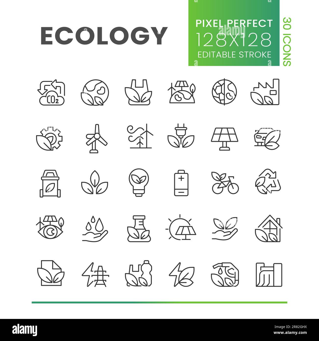 Ecology pixel perfect linear icons set Stock Vector