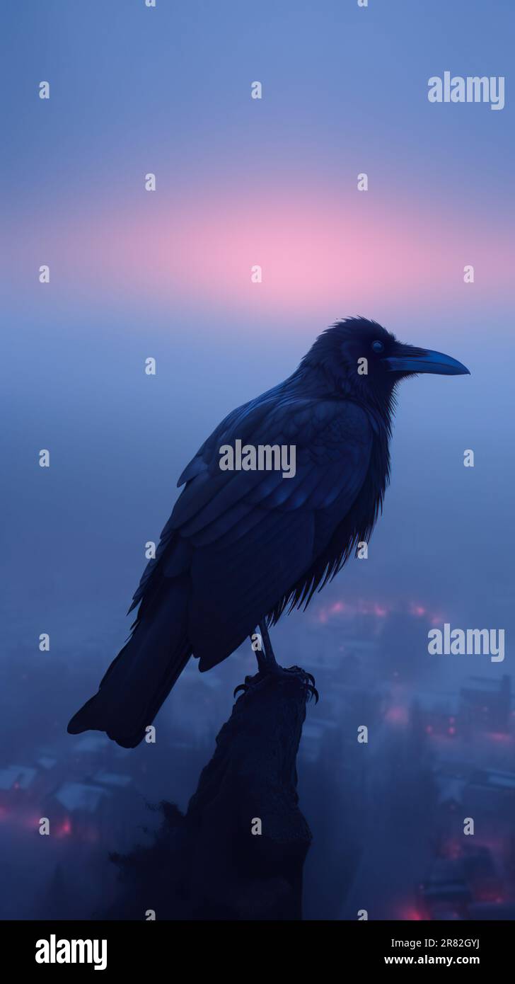 A raven is seen in the foreground with a backdrop of a city veiled in twilight mist. The calm yet eerie scene paints a picture of solitude and quiet i Stock Photo