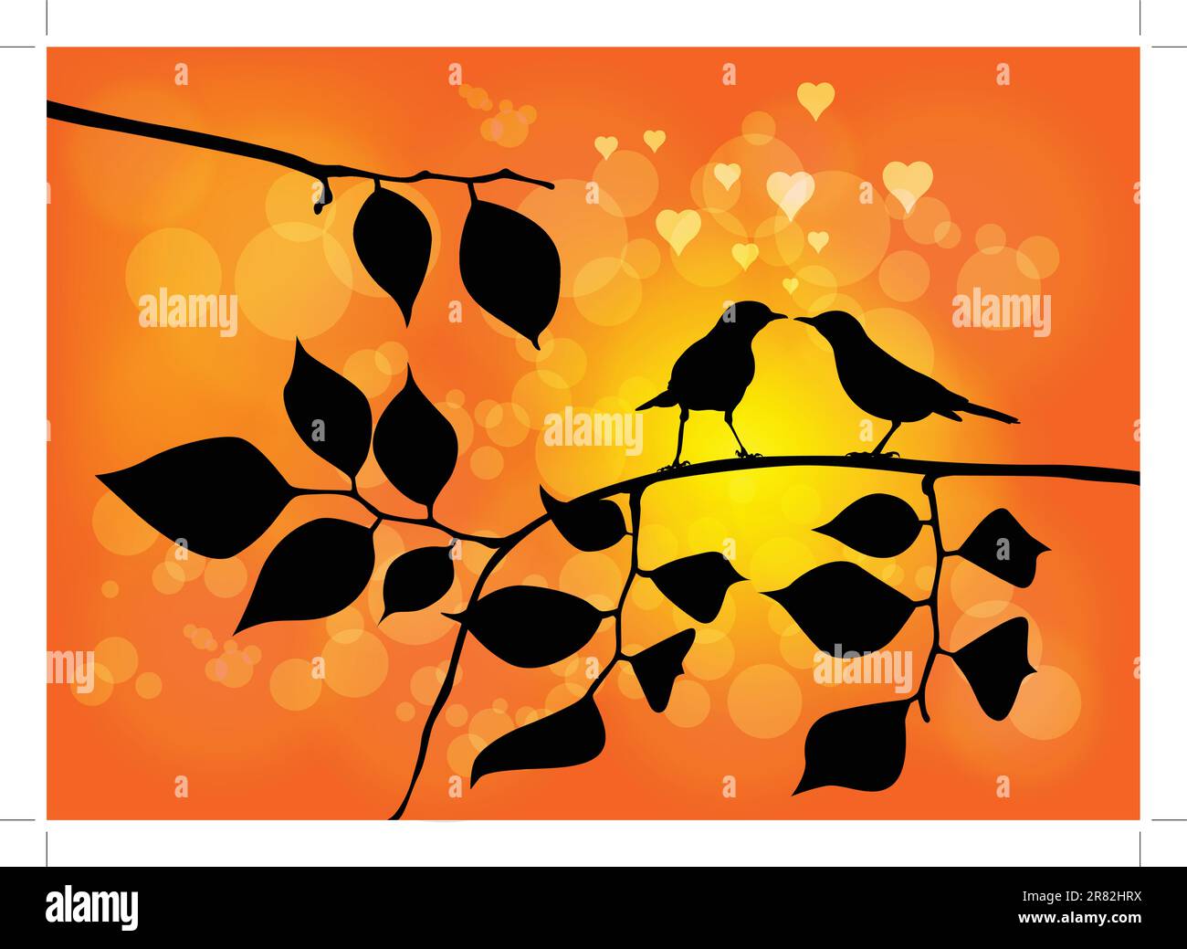 Love Birds on a Tree with Sunset in background - Vector Illustration (Transparency, Overlay, Color Dodge effects used) EPS 10 version Stock Vector