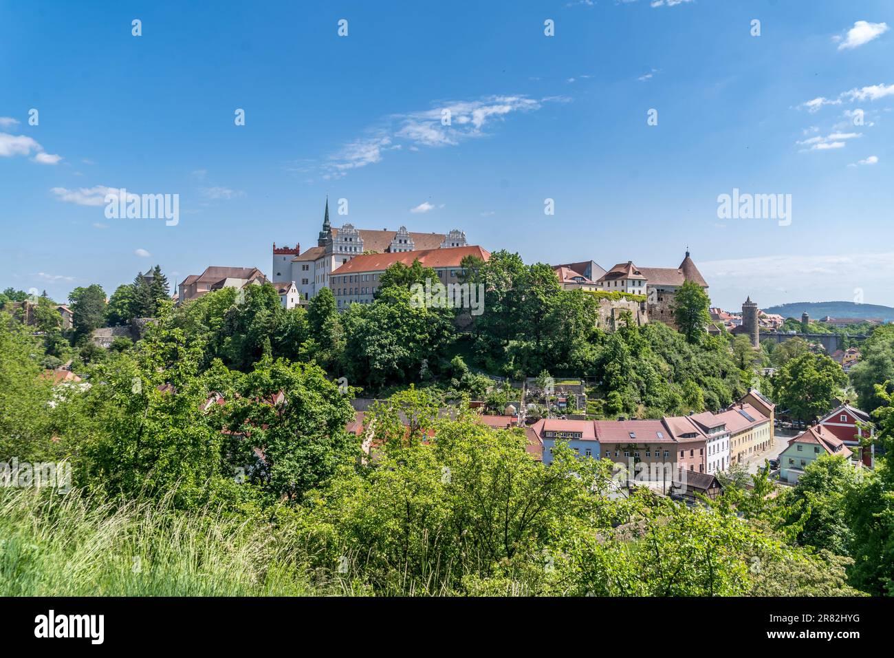 Aerial view of defensive towers and medieval fortification in historic Bautzen Saxony Germany Stock Photo