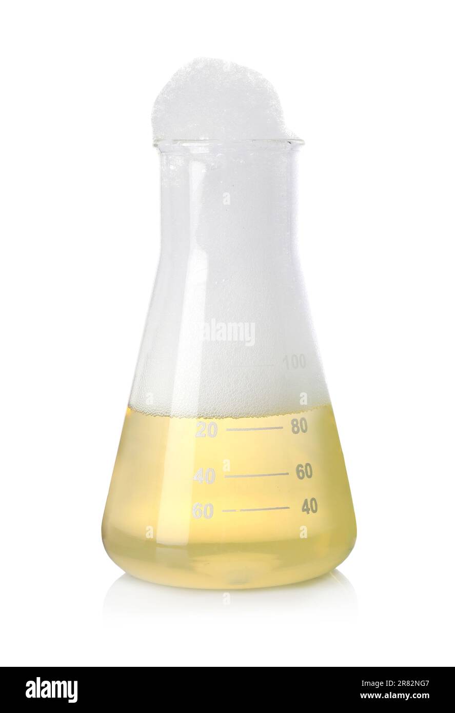 Laboratory flask with colorful liquid isolated on white. Chemical