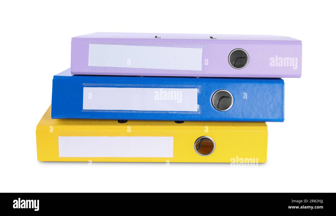 Many bright office folders isolated on white Stock Photo