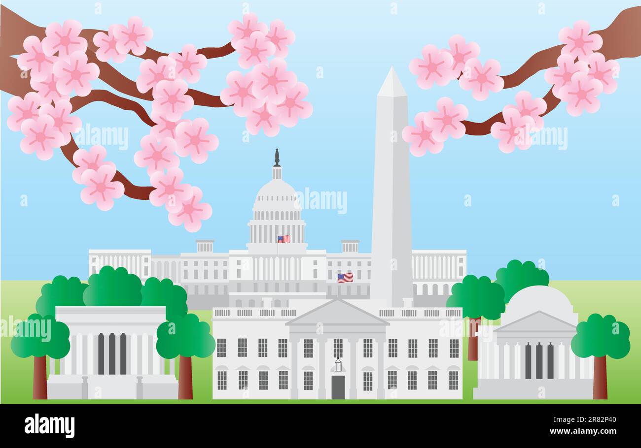 Washington DC US Capitol Building Monument Jefferson and Lincoln Memorial with Cherry Blossoms Illustration Stock Vector
