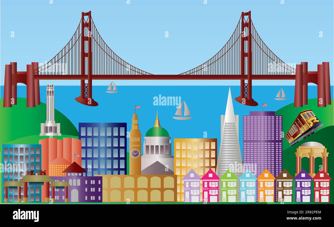San Francisco California City Skyline with Golden Gate Bridge and Landmarks Panorama Illustration Stock Vector