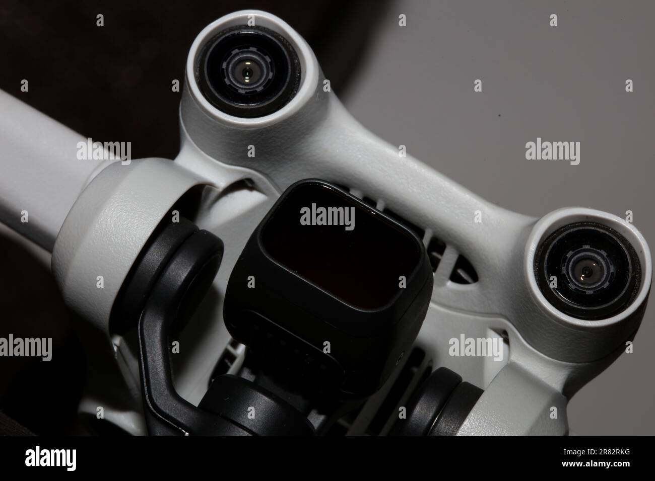 Close up Drone sensor and drone propeller, focus is on second propeller