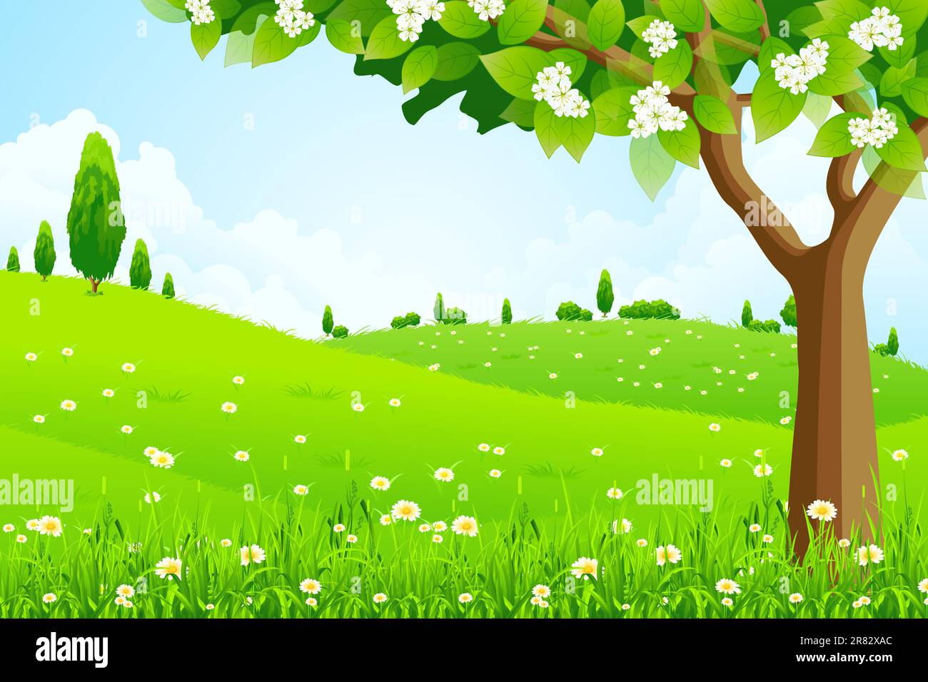 Green Landscape with Flowers Trees and Clouds Stock Vector Image & Art ...
