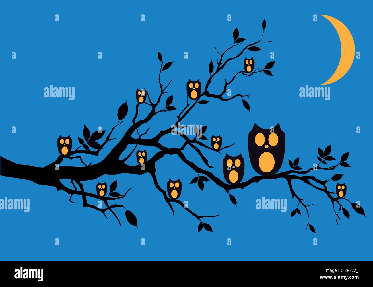 Night owls sitting on tree branch, vector background Stock Vector