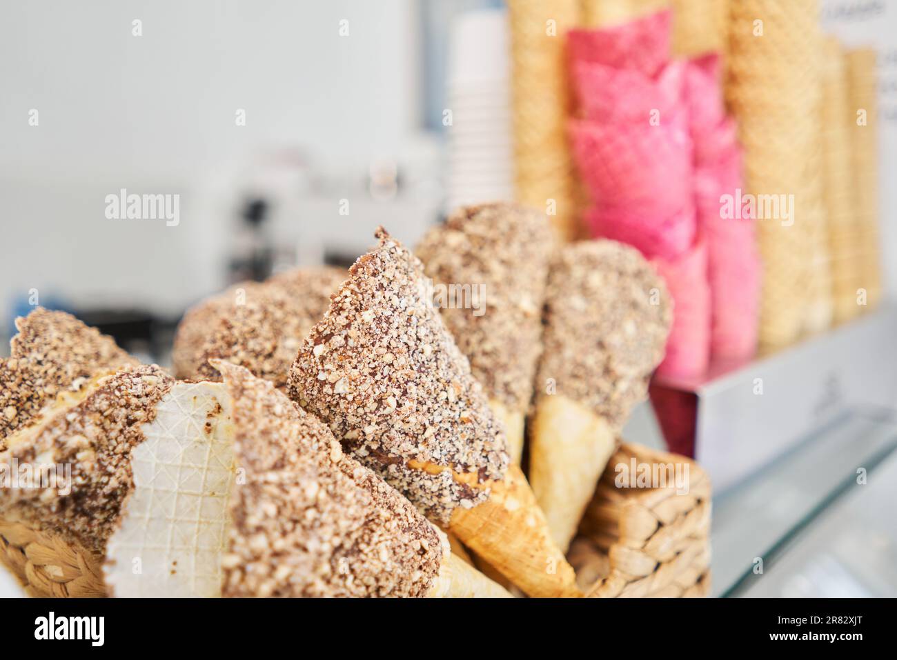 blank ice cream wafers. Waffle cones in an icecream shop, Italy. A variety of sugarfree vegan