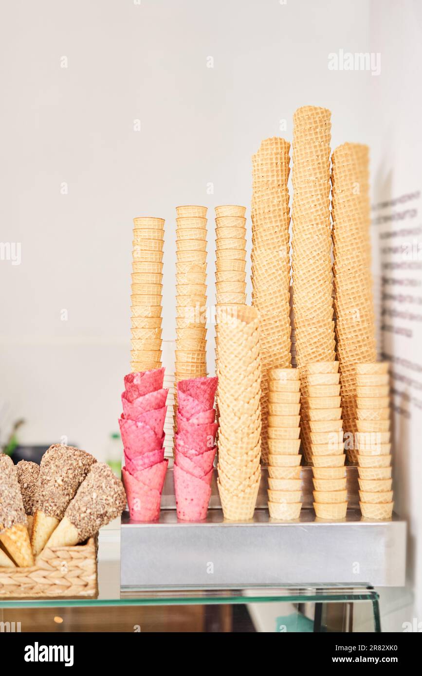blank ice cream wafers. Waffle cones in an icecream shop, Italy. A variety of sugarfree vegan
