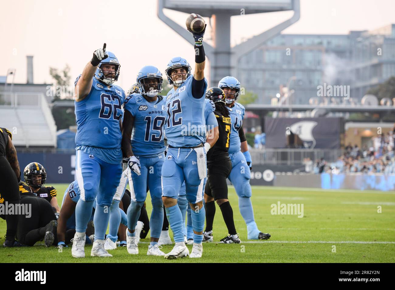 Toronto, Canada. 18th June, 2023. Toronto Argonauts quarterback Chad Kelly  (12) looks down field during first half CFL action against the Hamilton  Tiger-Cats in Toronto on Sunday, June 18. Credit: The Canadian