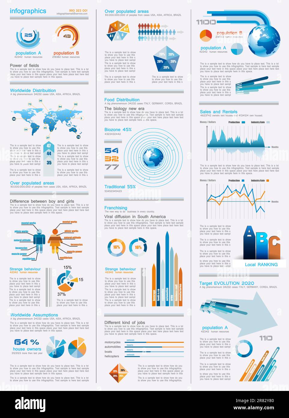 infographics page with a lot of design elements like chart, globe, icons, graphics, maps, cakes, human shapes and so on. Ideal for business analisy... Stock Vector