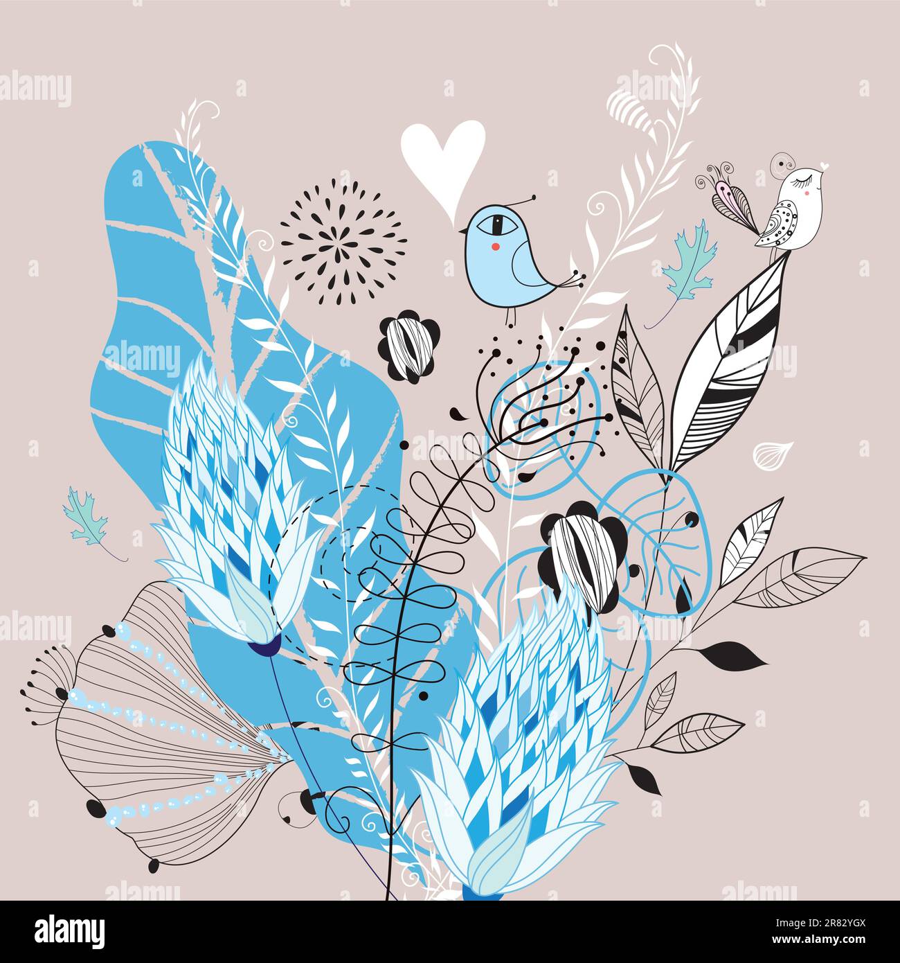 blue floral graphic design with loving birds Stock Vector