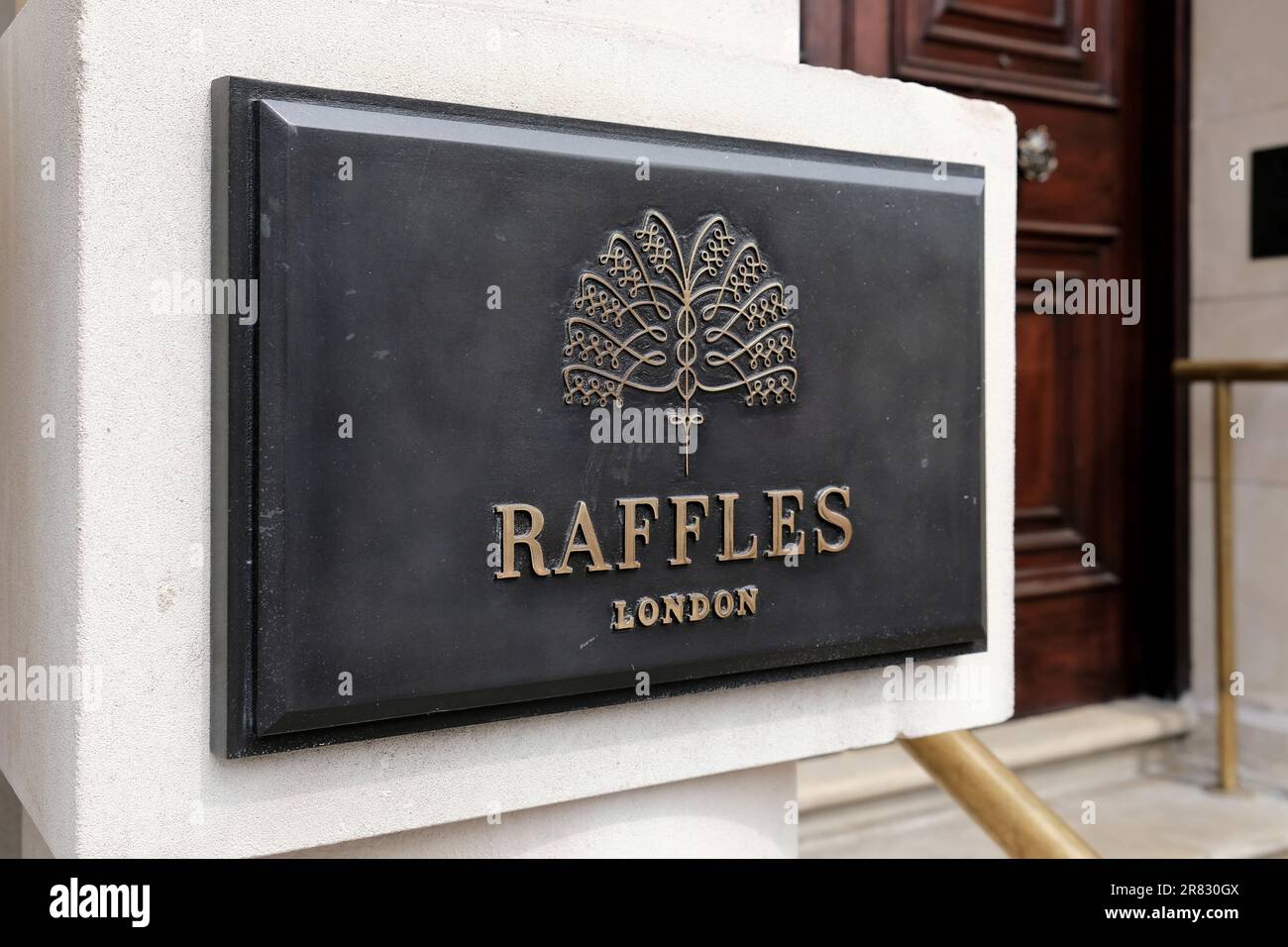London, UK. A sign outside Raffles London at the OWO hotel in Whitehall due to open during the autumn of 2023. Stock Photo