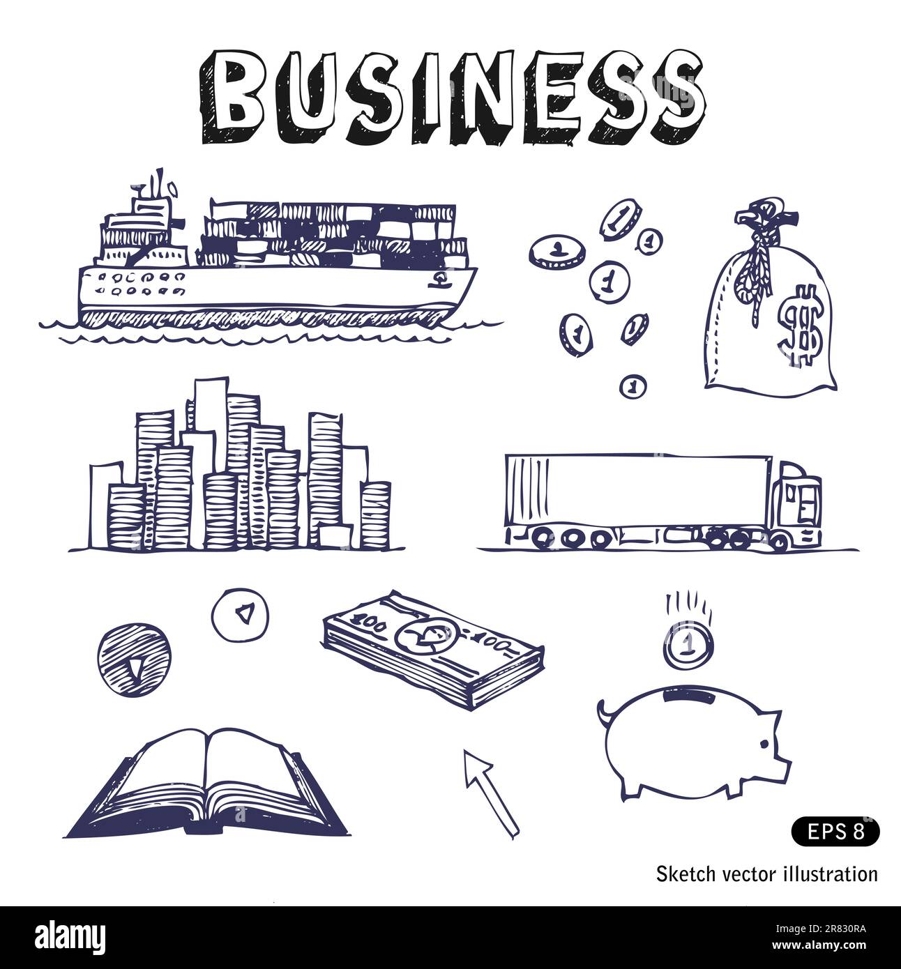 Hand drawn business, finance and transportation icon set Stock Vector