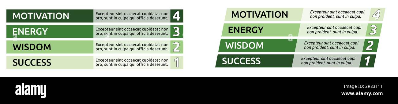 Simple four steps or levels infographics, 4 green bar with text, rectangular and slanted version Stock Vector