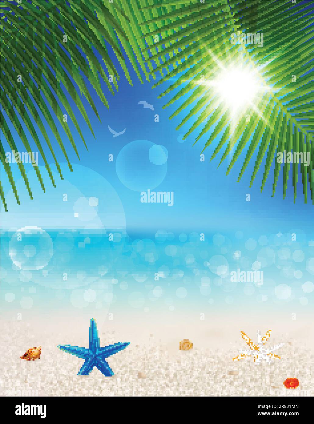 Beautiful seaside view on sunny day with sand, shells and palm leaves. Summer holidays vector background. Stock Vector