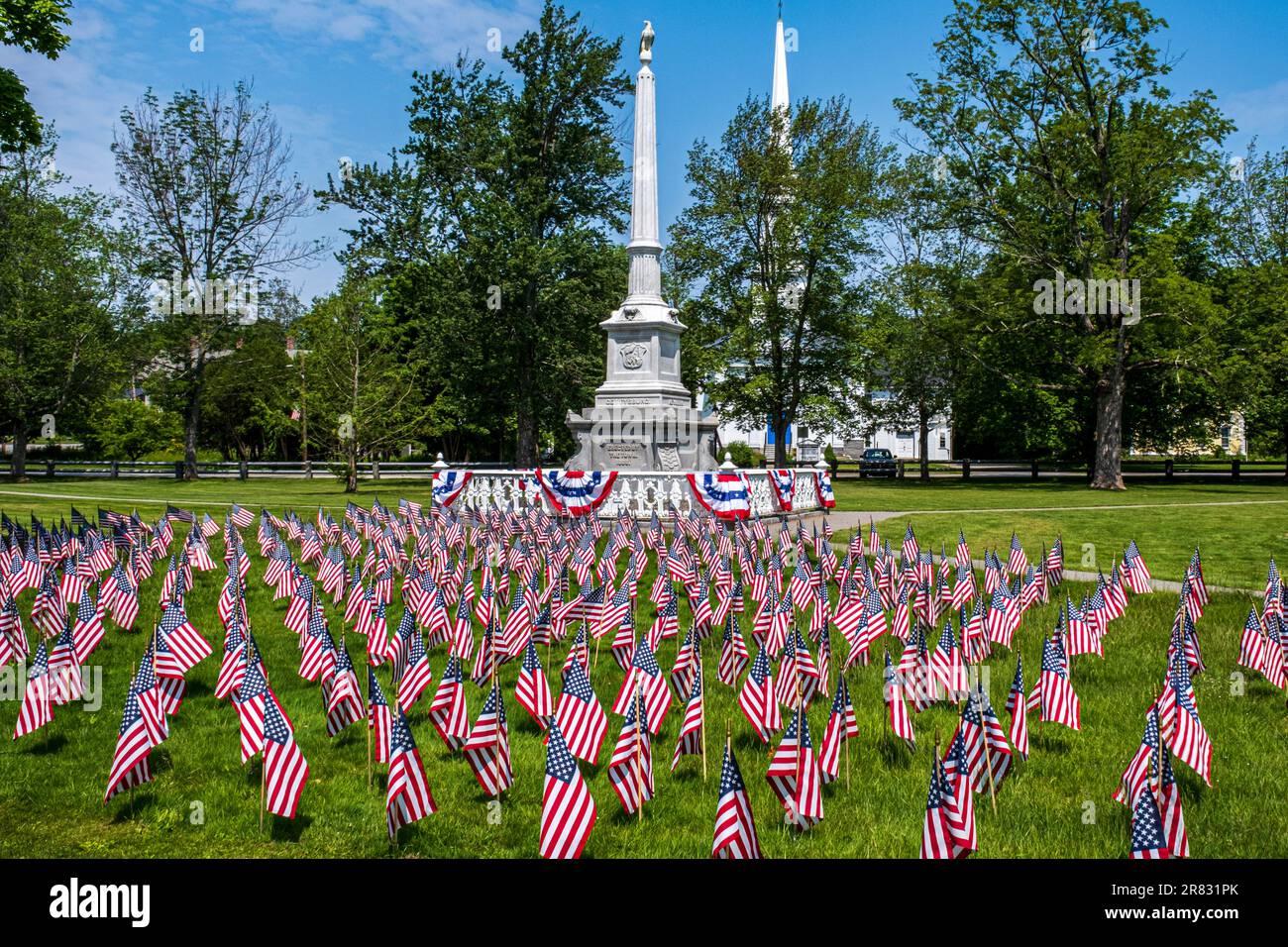 American flags set up on the Town Common in Barre to celebrate Memorial Day Stock Photo