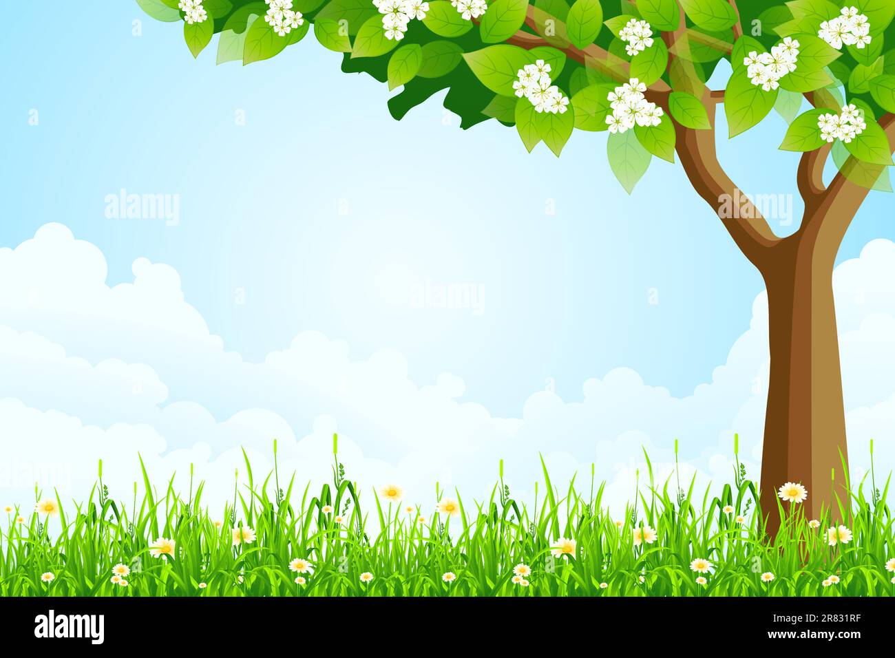 Green Landscape with Grass Flowers Tree and Clouds Stock Vector Image ...