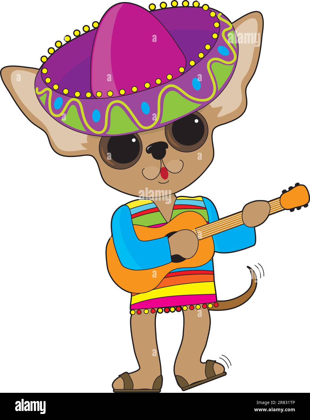 A happy Chihuahua with foot tapping and tail wagging, is playing the guitar while in show costume, complete with a large Mexican sombrero. Stock Vector