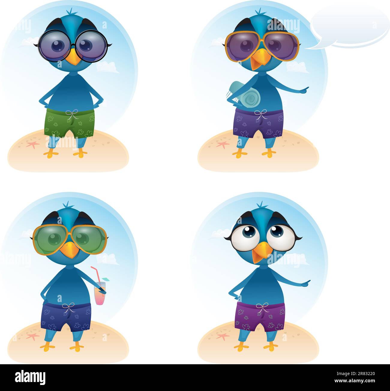 Vector character. Tweety summer holiday mascot in four versions. Stock Vector