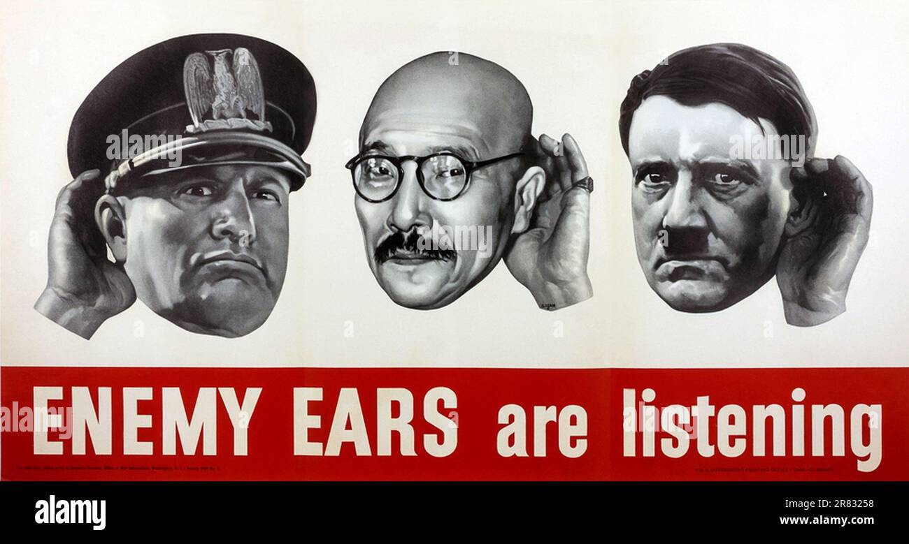 1942  , USA : Poster War ALLIED CAUTION propaganda : ENEMY EARS ARE LISTENING . With the DICTATORS : italian Fascist BENITO MUSSOLINI , the japanish general Hideki TOJO and the Nazist german ADOLF HITLER . Poster that symbolically wants to call all the population and soldiers never to speak in public about things or topics that could unintentionally reveal clues and war secrets that could harm the soldiers at the front. Basically: SHUT UP THE ENEMY IS LISTENING TO YOU ! . Unknown illustrator . -  UNITED STATES OF AMERICA - IN ASCOLTO - UDITO - orecchio - ear - SPY - SPIA - SPIONAGGIO - ESPIONA Stock Photo