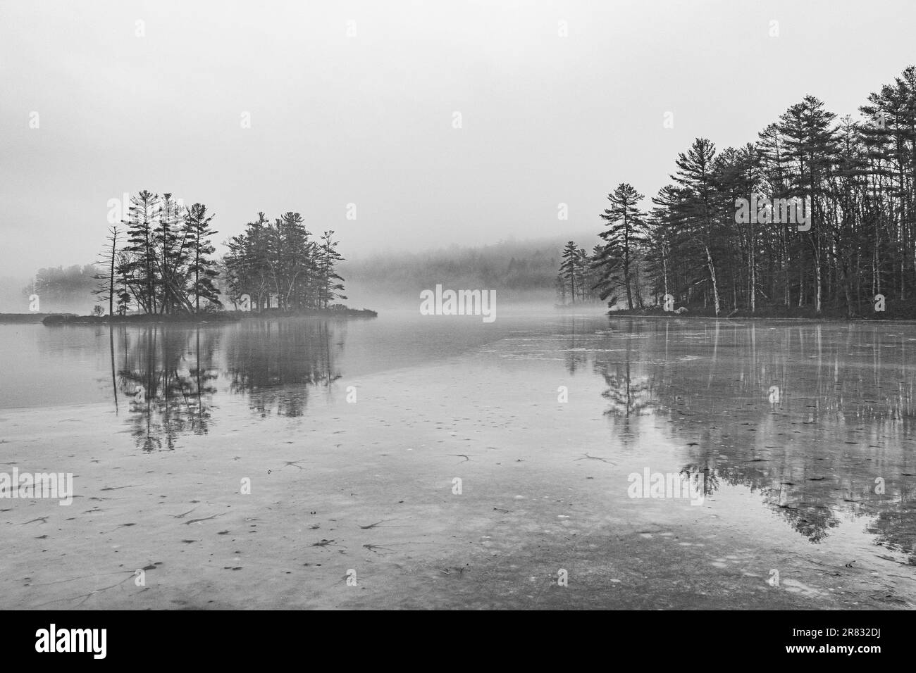 Harvard Pond in Petersham, MA on a foggy day Stock Photo