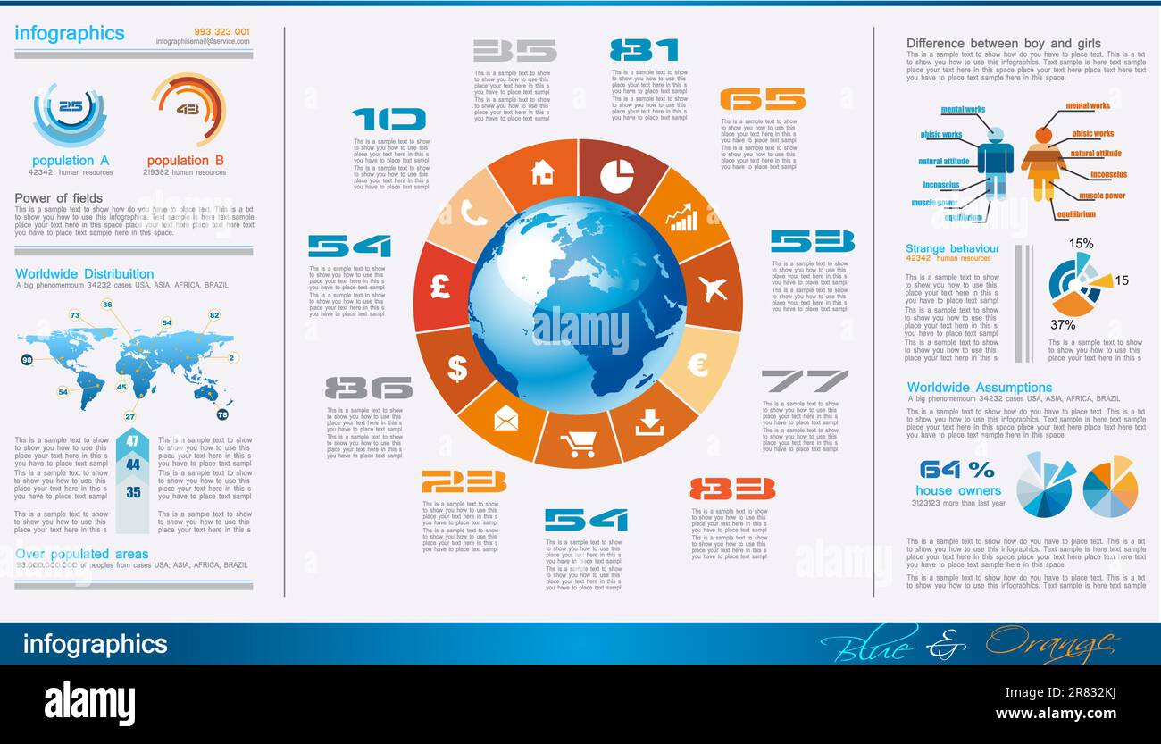 infographics page with a lot of design elements like chart, globe, icons, graphics, maps, cakes, human shapes and so on. Ideal for business analisy... Stock Vector