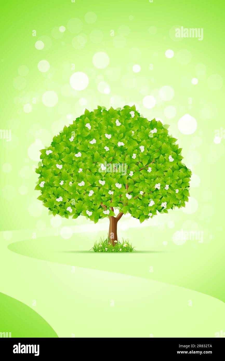 Abstract Green Tree Background with Flowers and Path Stock Vector