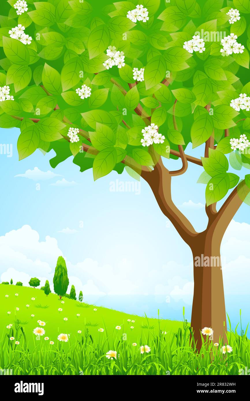 Green Background with Trees Flowers Clouds and Sea Stock Vector Image ...