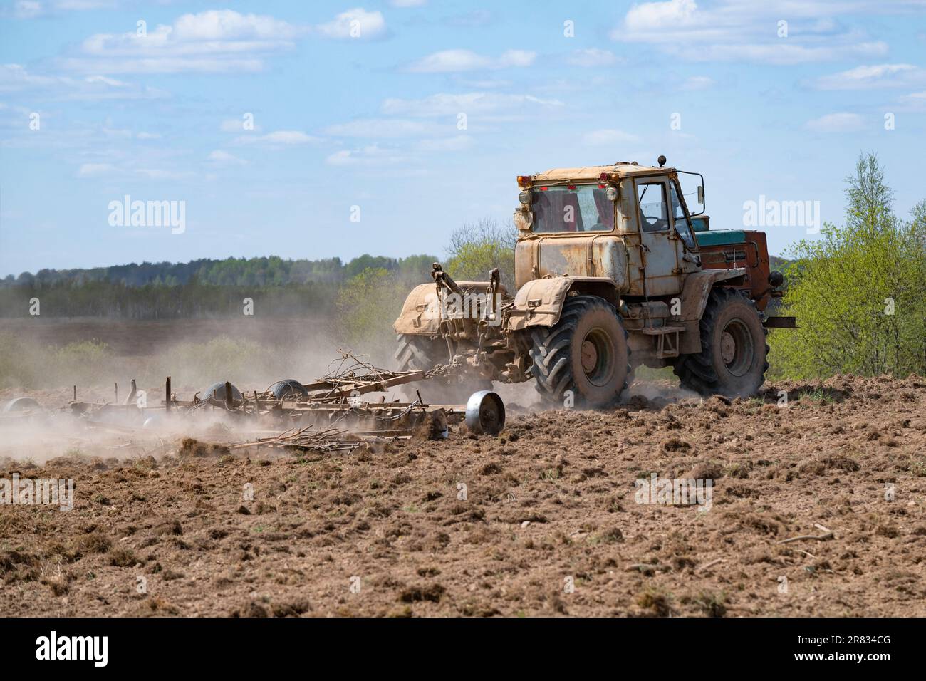 PSKOV REGION, RUSSIA - MAY 07, 2023: Old T-150K (Soviet agricultural wheeled tractor) harrows a plowed field on a sunny May day Stock Photo