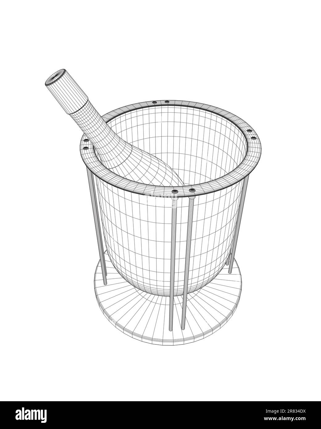 Wireframe Bottle of champagne in restaurant bucket with ice. Vector