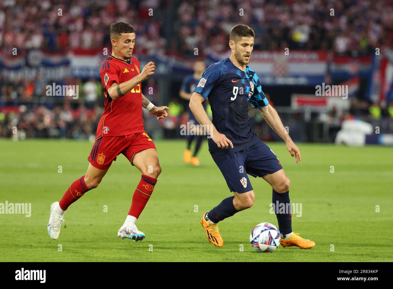 Andrej Kramaric of Croatia, Yeremy Pino of Spain (left) during the UEFA  Nations League 2023, Final