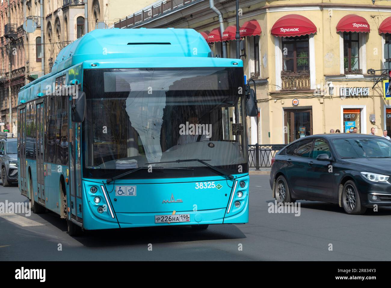 SAINT PETERSBURG, RUSSIA - MAY 26, 2023: Belarusian low-floor city bus of the second generation MAZ-203.948 close-up on the city street Stock Photo