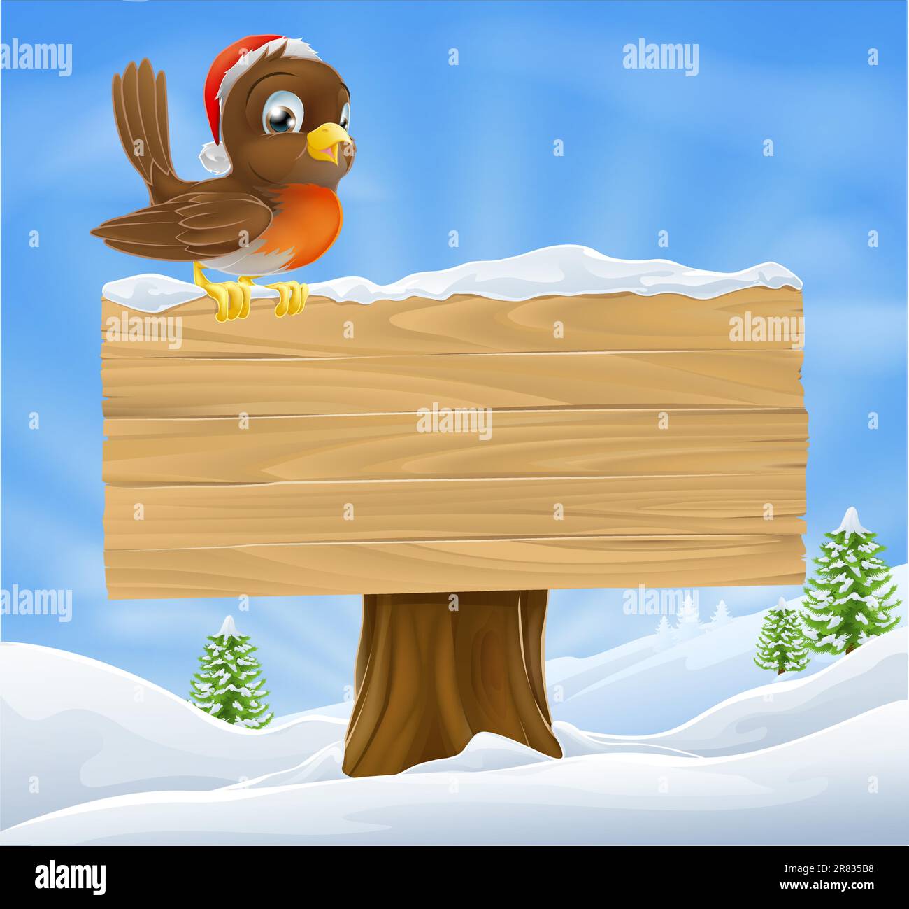 Christmas background illustration with robin bird in Santa hat sitting on wood sign with Christmas landscape Stock Vector